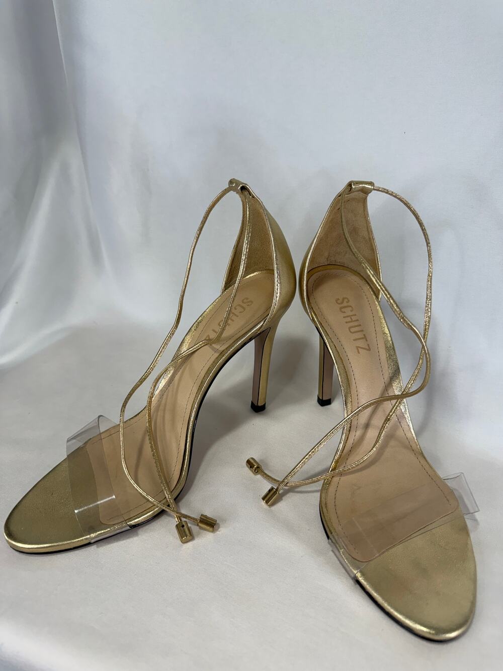 SCHUTZ Josseana Gold Clear Vinyl Lace Up Stiletto Heels Sandals 7.5B